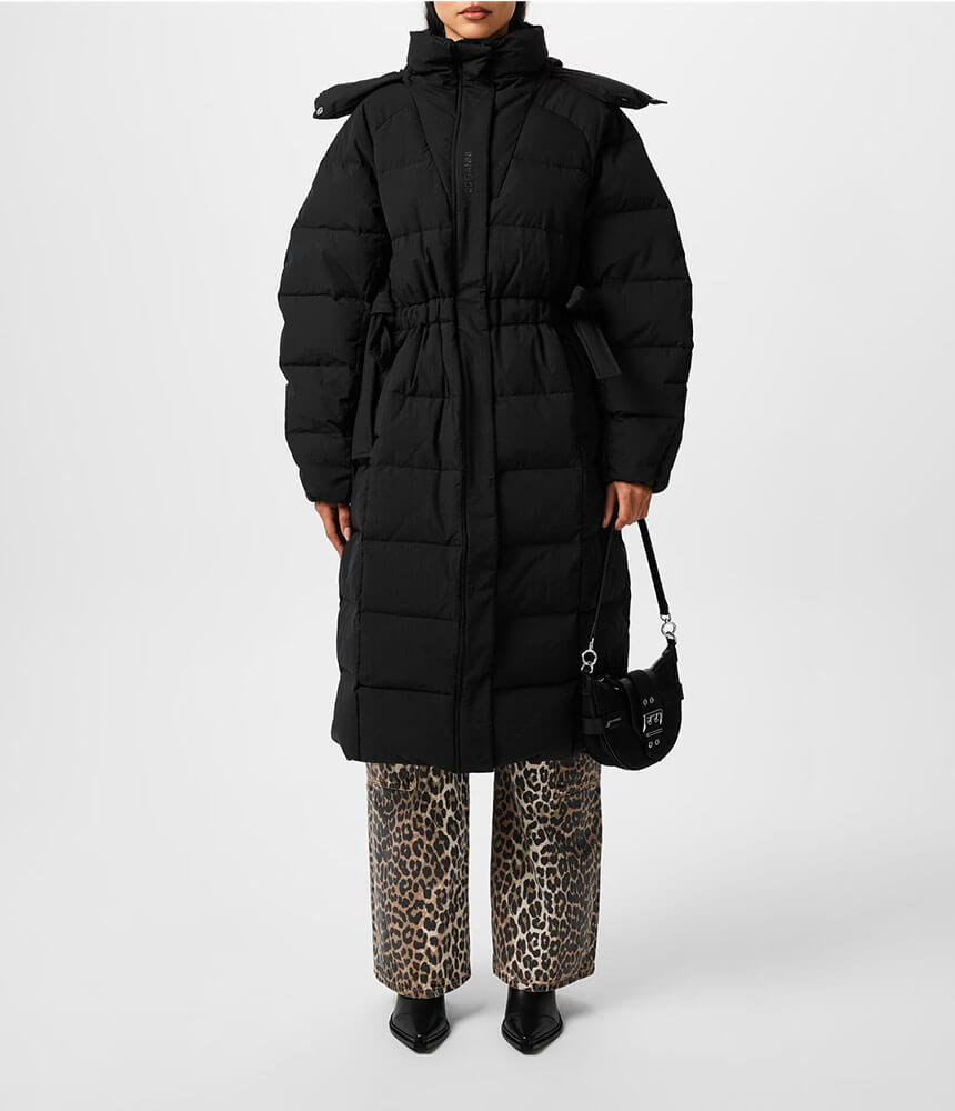 Ganni Tech Seersucker Puffer Coat in Black - Black White Denim