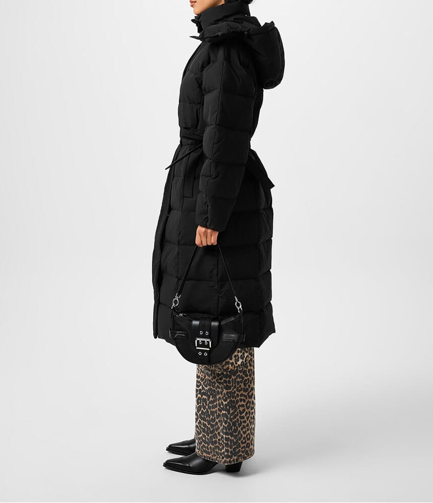 Ganni Tech Seersucker Puffer Coat in Black - Black White Denim
