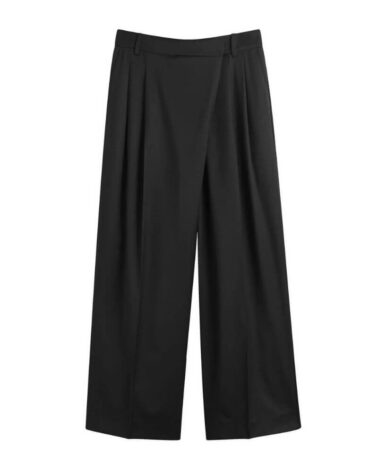 Ganni Calendered Wool Mid Waist Pants In Black