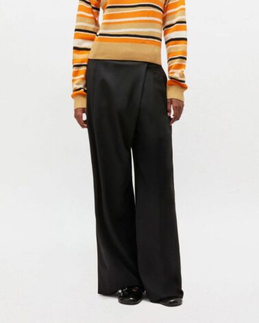 Ganni Calendered Wool Mid Waist Pants In Black