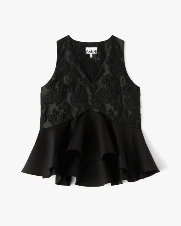 Ganni Satin Cloque Sleeveless Peplum in Black