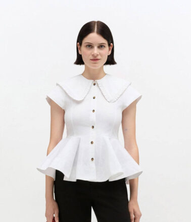 Ganni Stretch Cotton Peter Pan Collar Shirt in White
