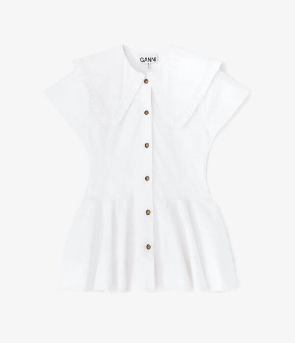 Ganni Stretch Cotton Peter Pan Collar Shirt in White