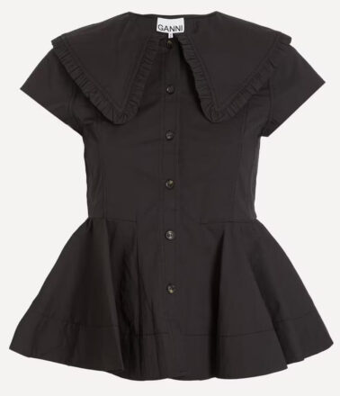 Ganni Stretch Cotton Peter Pan Collar Shirt in Black