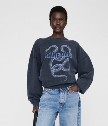 Anine Bing Harvey Crew Snake Sweatshirt in Washed Black