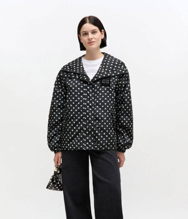 Ganni Stretch Cotton Mini Strap Dress with Frills in Black