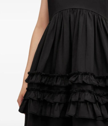 Ganni Stretch Cotton Mini Strap Dress with Frills in Black
