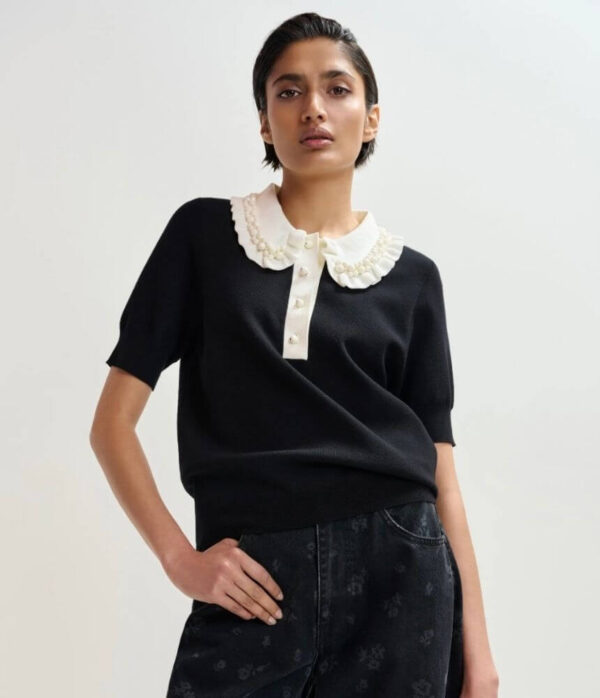 Essentiel Antwerp Jewelery Embroidered Knit Polo in Black