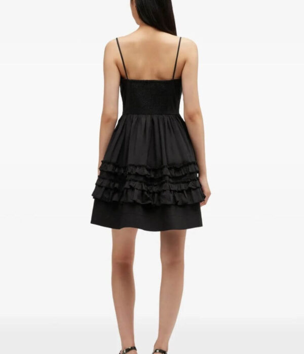 Ganni Stretch Cotton Mini Strap Dress with Frills in Black