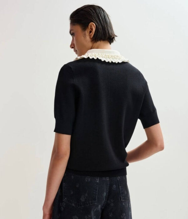 Essentiel Antwerp Jewelery Embroidered Knit Polo in Black