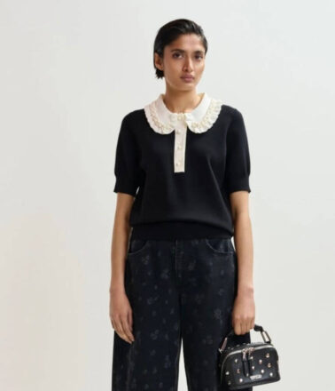 Essentiel Antwerp Jewelery Embroidered Knit Polo in Black