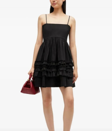 Ganni Stretch Cotton Mini Strap Dress with Frills in Black
