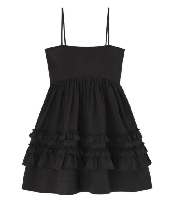 Ganni Stretch Cotton Mini Strap Dress with Frills in Black