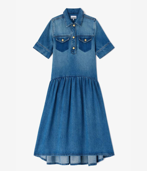 Ganni Stretch Cotton Mini Strap Dress with Frills in Black