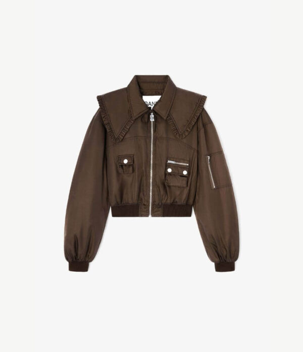 Ganni Stretch Cotton Mini Strap Dress with Frills in Black