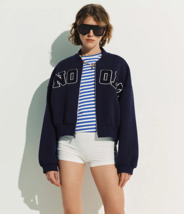 Essentiel Antwerp Jilnius Scuba Jersey Bomber Jacket in Patriot Blue