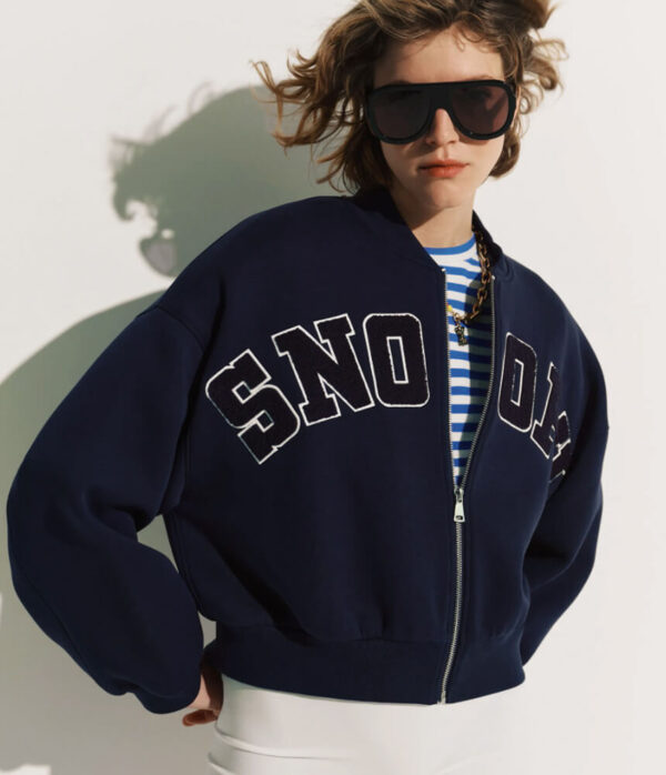 Essentiel Antwerp Jilnius Scuba Jersey Bomber Jacket in Patriot Blue