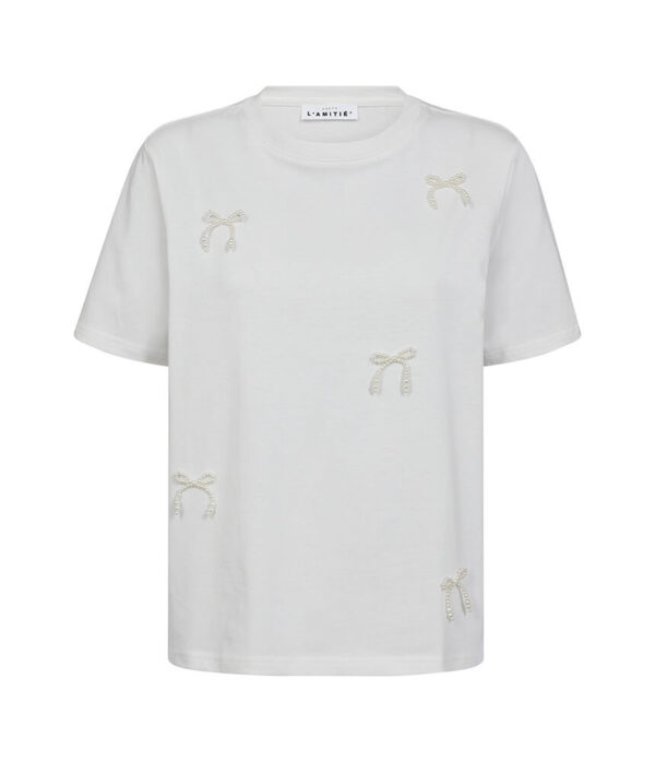 Haute L’Amitie Pearl Bow Tee in Off White