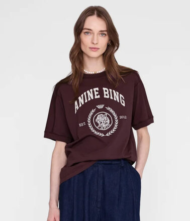 Anine Bing Jaylin Tee Shirt Collegiate in Fig (Burgundy)