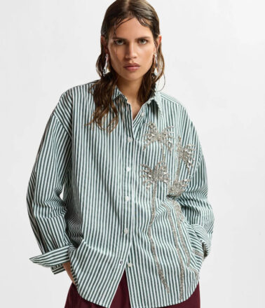 Essentiel Antwerp Kasper Sequin Palm Tree Shirt in Bottle Green