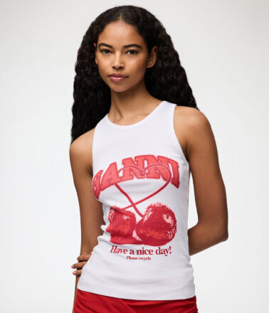 Ganni Compact Rib Jersey Tank Cherry in Bright White