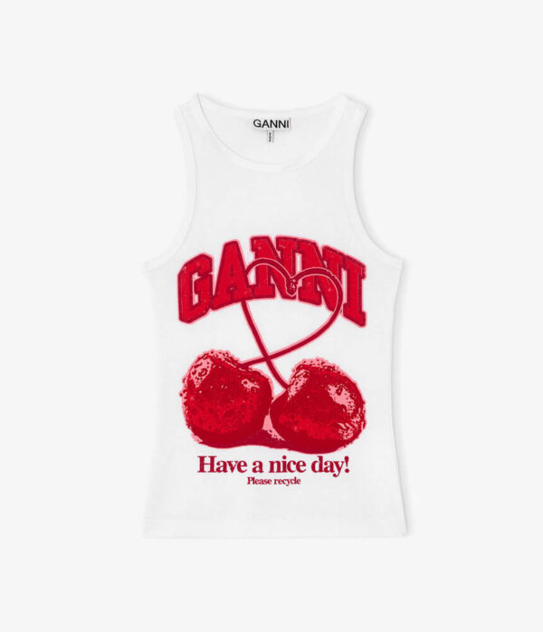 Ganni Compact Rib Jersey Tank Cherry in Bright White