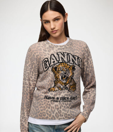 Ganni Graphic Wool Sweater Tiger in Almond Milk