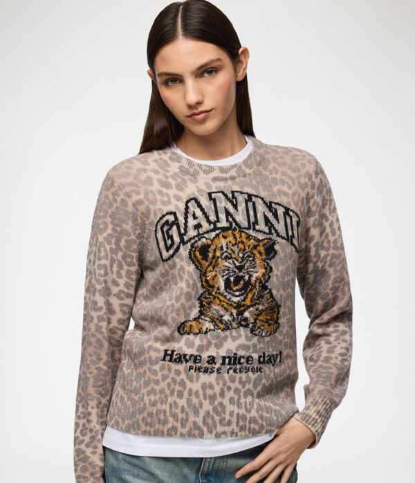 Ganni Graphic Wool Sweater Tiger in Almond Milk