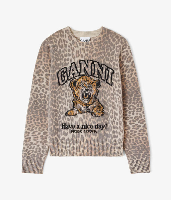 Ganni Graphic Wool Sweater Tiger in Almond Milk