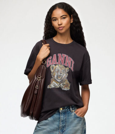 Ganni Heavy Cotton Jersey Tiger Caviar Tee in Phantom Black