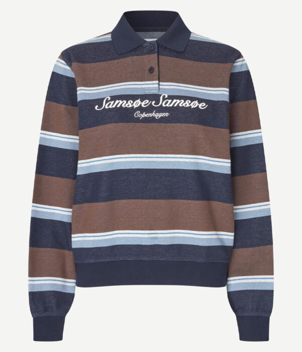 Samsoe Samsoe Sadory Long Sleeve Polo Shirt in Brown Stripe