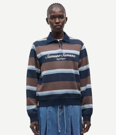 Samsoe Samsoe Sadory Long Sleeve Polo Shirt in Brown Stripe