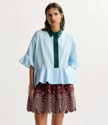 Essentiel Antwerp Kaylee Peplum Ruffle Shirt in Aquamarine Blue