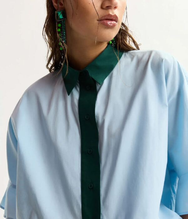 Essentiel Antwerp Kaylee Peplum Ruffle Shirt in Aquamarine Blue