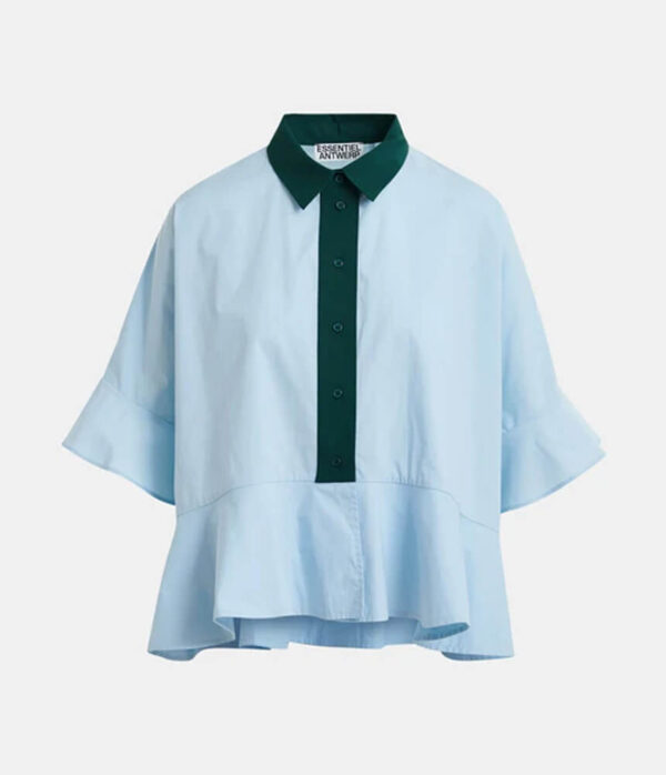 Essentiel Antwerp Kaylee Peplum Ruffle Shirt in Aquamarine Blue