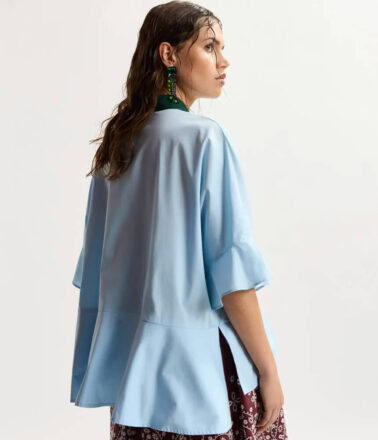 Essentiel Antwerp Kaylee Peplum Ruffle Shirt in Aquamarine Blue