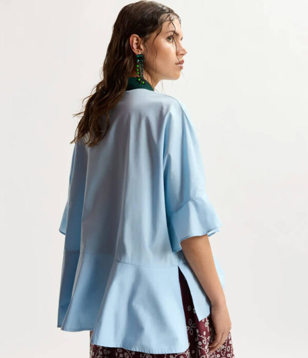 Essentiel Antwerp Kaylee Peplum Ruffle Shirt in Aquamarine Blue