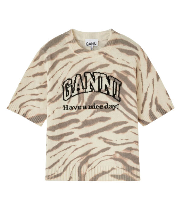 Ganni Graphic Wool Printed Tee in Cream Egret