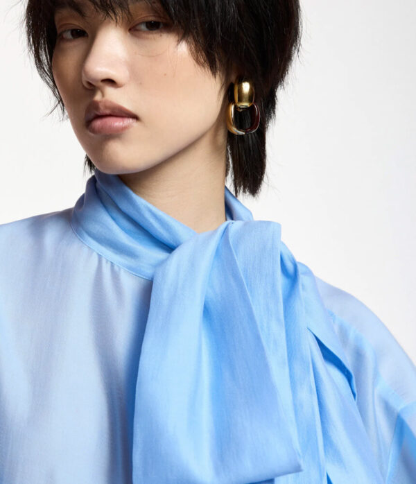 Essentiel Antwerp Karismatic Pussy Bow Tie Top in Sky Blue
