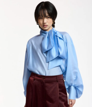 Essentiel Antwerp Karismatic Pussy Bow Tie Top in Sky Blue