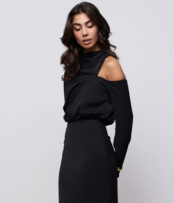 Odd Muse Draped One Shoulder Midi Dress in Black