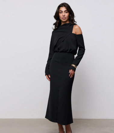 Odd Muse Draped One Shoulder Midi Dress in Black
