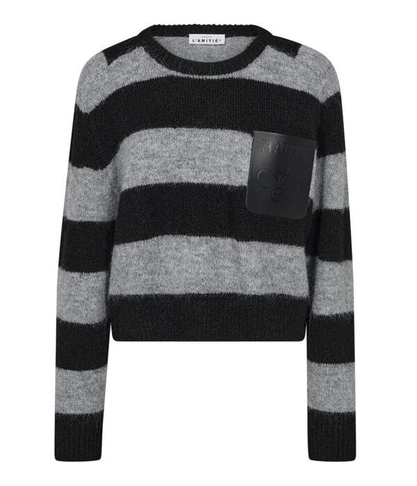 Haute L’Amitie Darcia Stripe Crop Pocket Jumper in Black Grey Mix